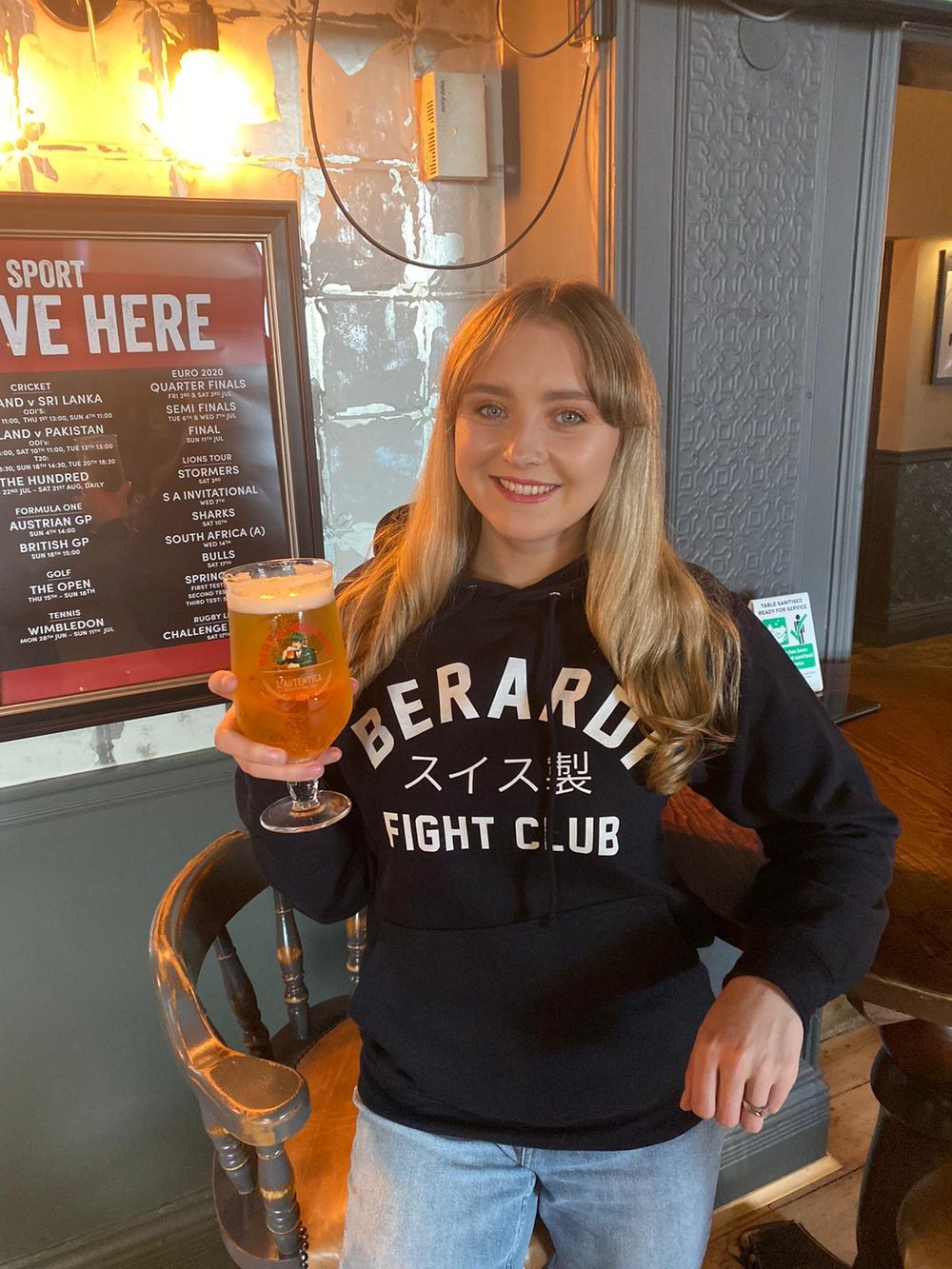 Customer in the pub in the Berardi Fight Club hoodie