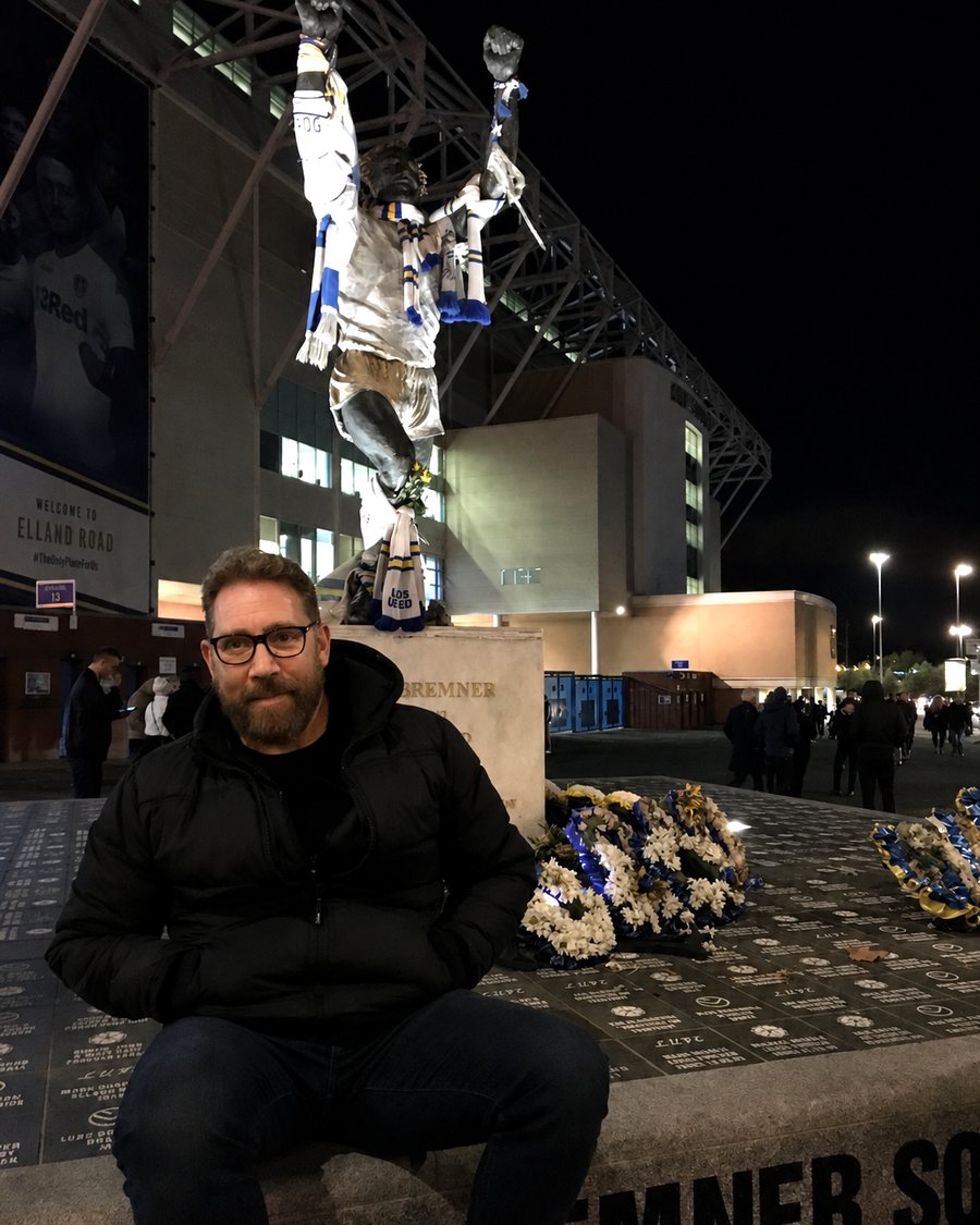 Gary, the Forever Leeds founder, at the Billy Bremner statue outside Elland Road